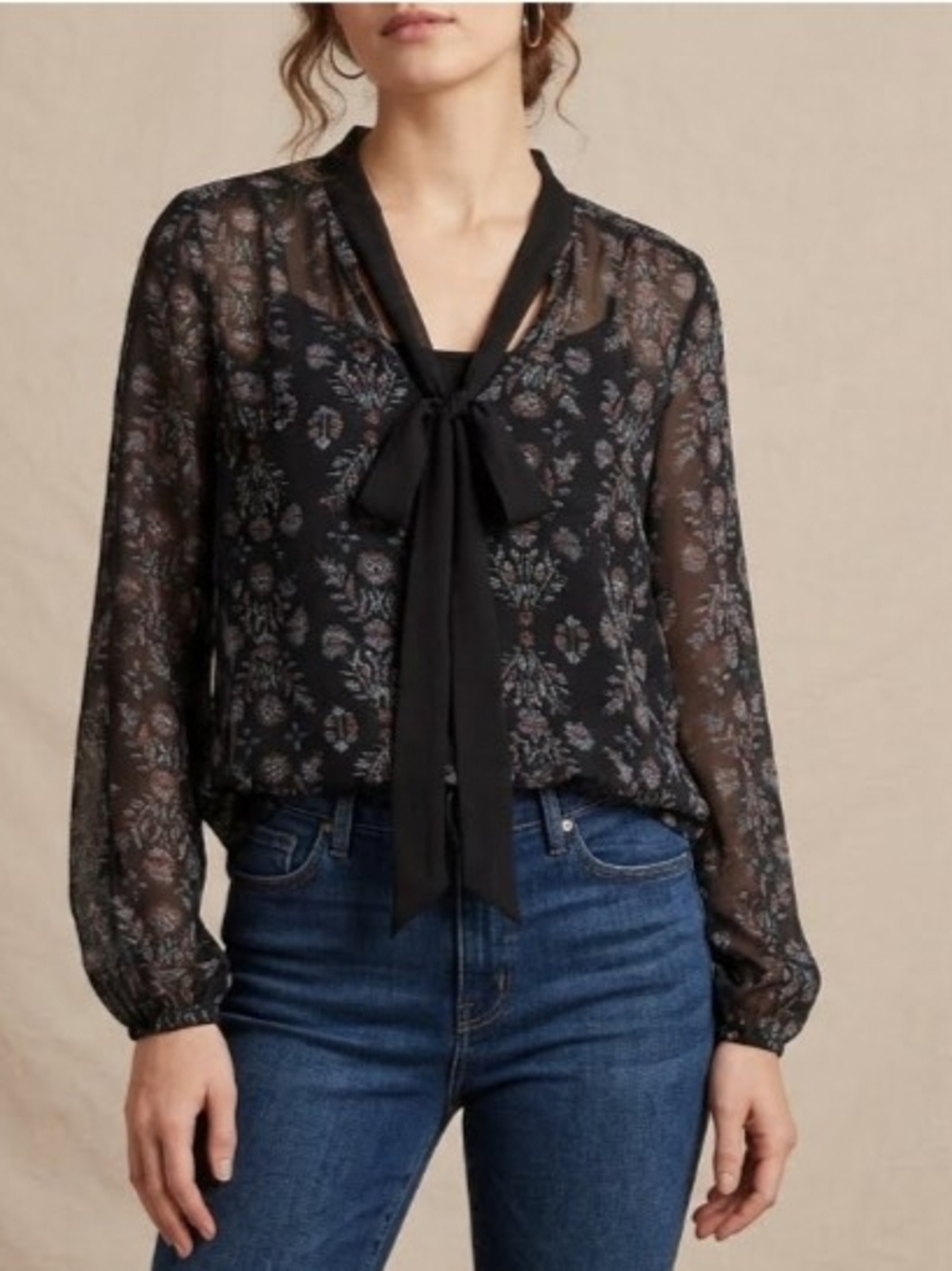 Promod Black Sheer Floral Tie-Neck Blouse